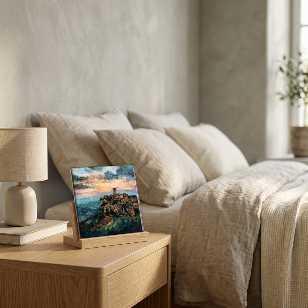 On the nightstand, on a light oak stand.