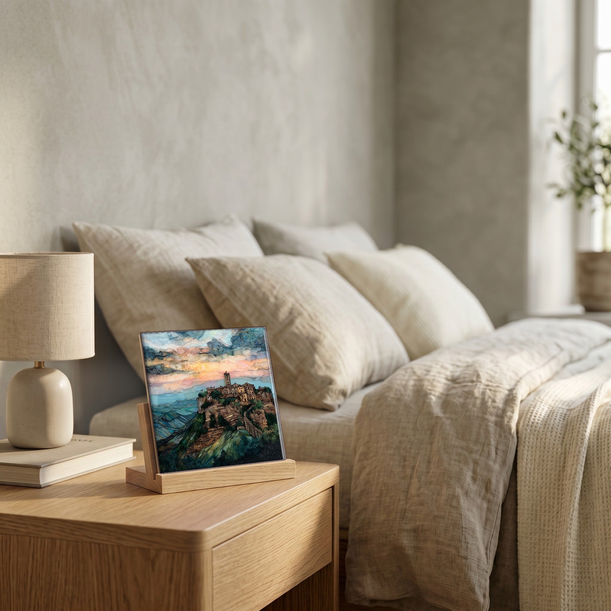 On the nightstand, on a light oak stand.