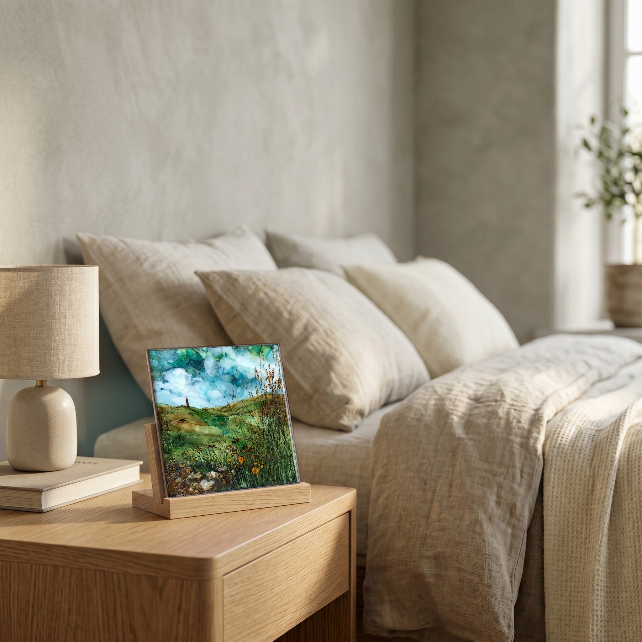On the nightstand, catching the morning.