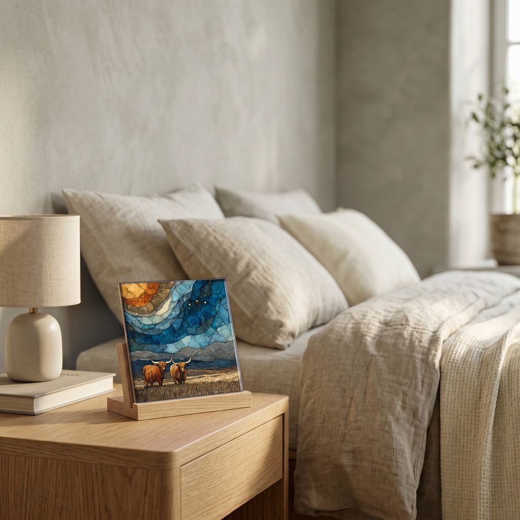 On the nightstand, catching the morning.