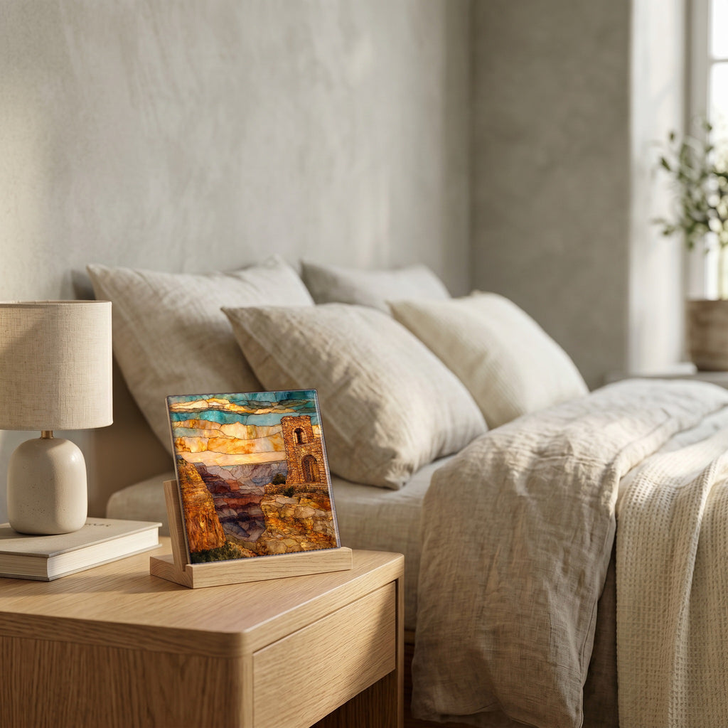 On the nightstand, catching the morning.