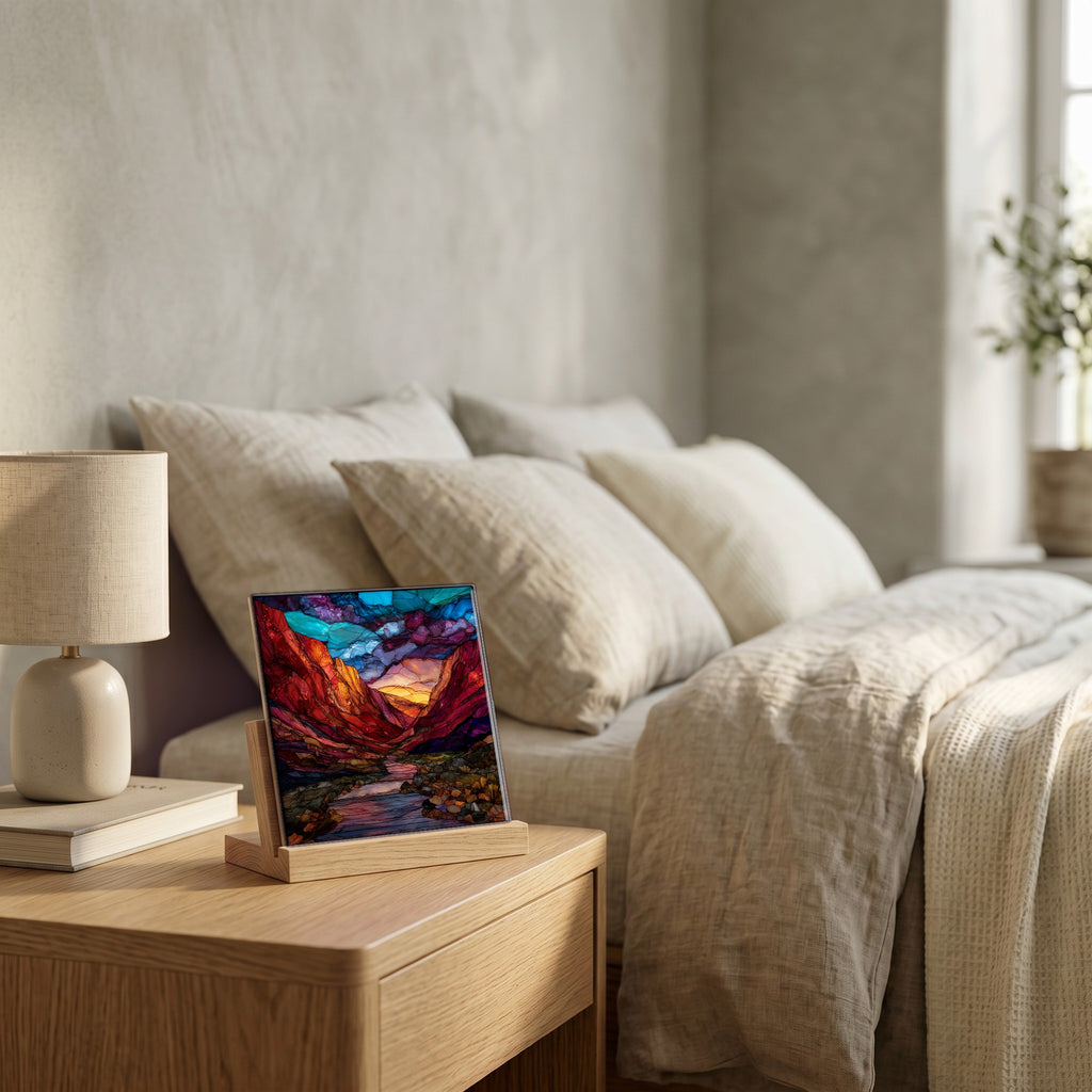 On the nightstand, catching the morning.