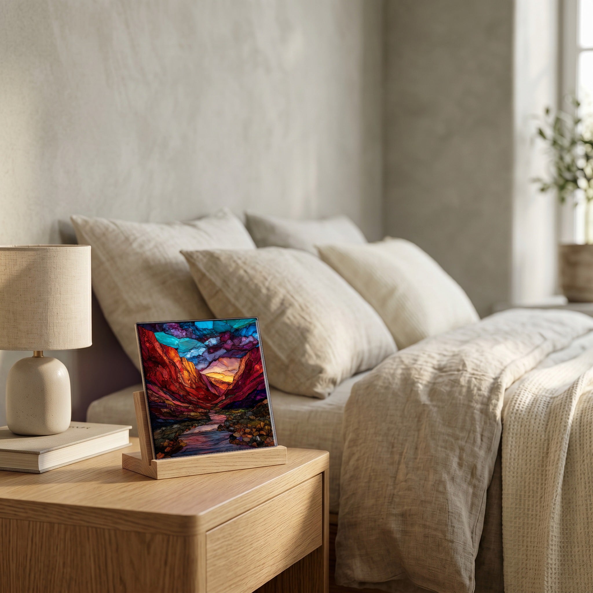 On the nightstand, catching the morning.