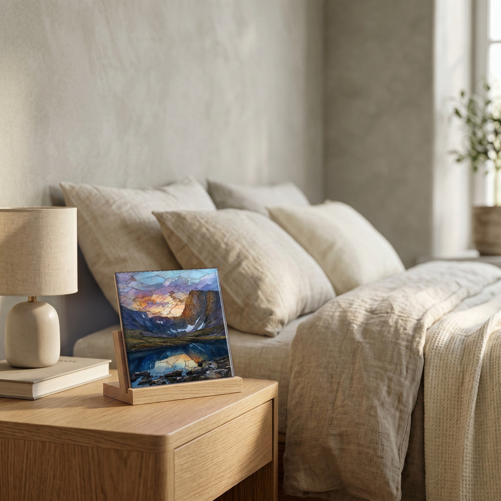 On the nightstand, on a light oak stand.