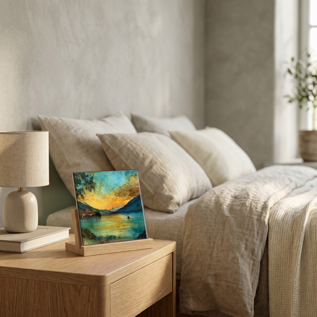 On the nightstand, on a light oak stand.