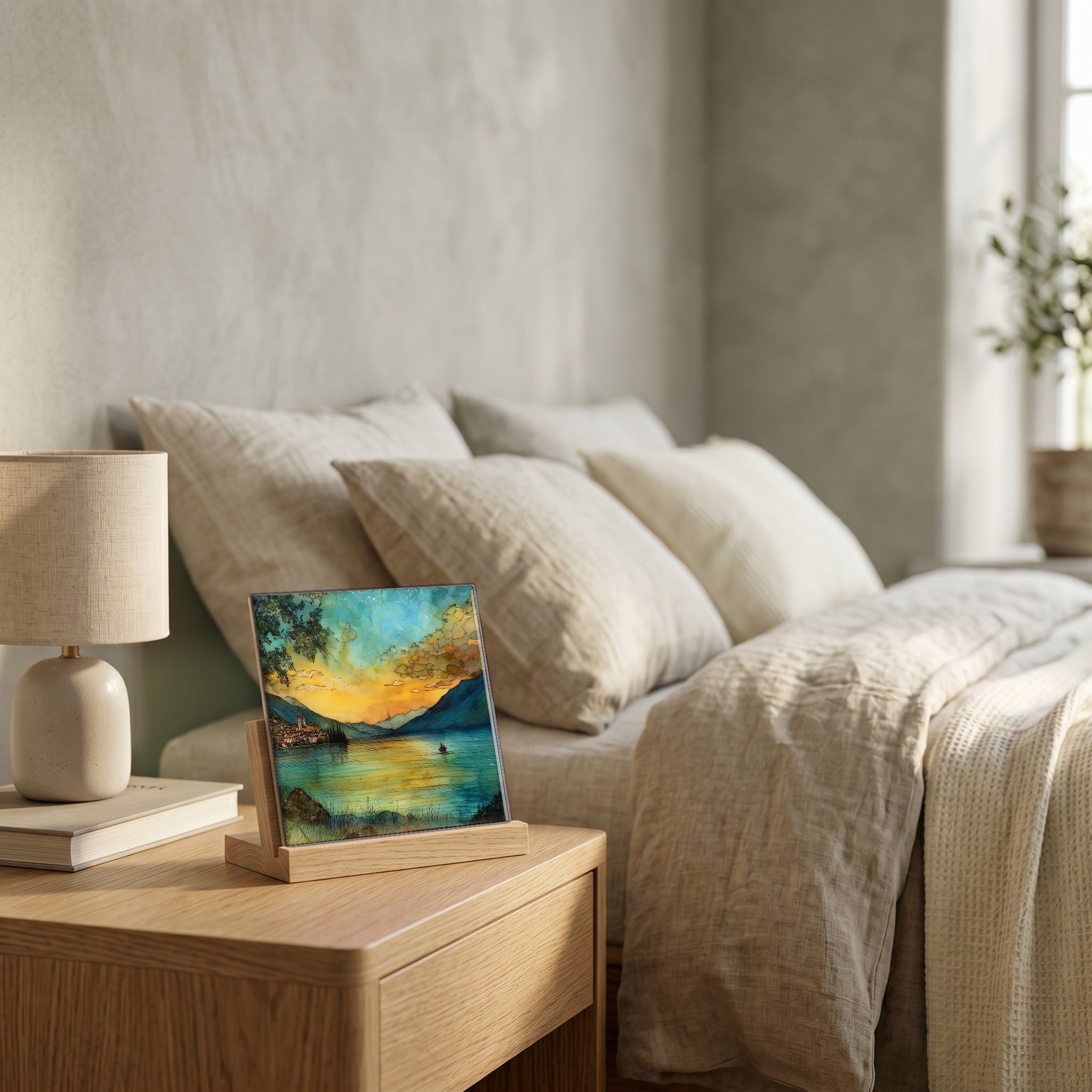 On the nightstand, on a light oak stand.