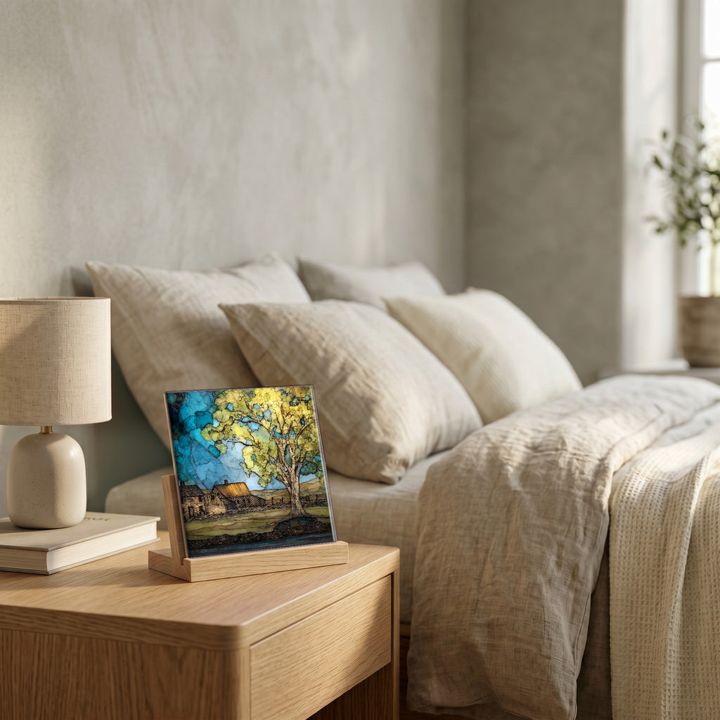 On the nightstand, catching the morning.
