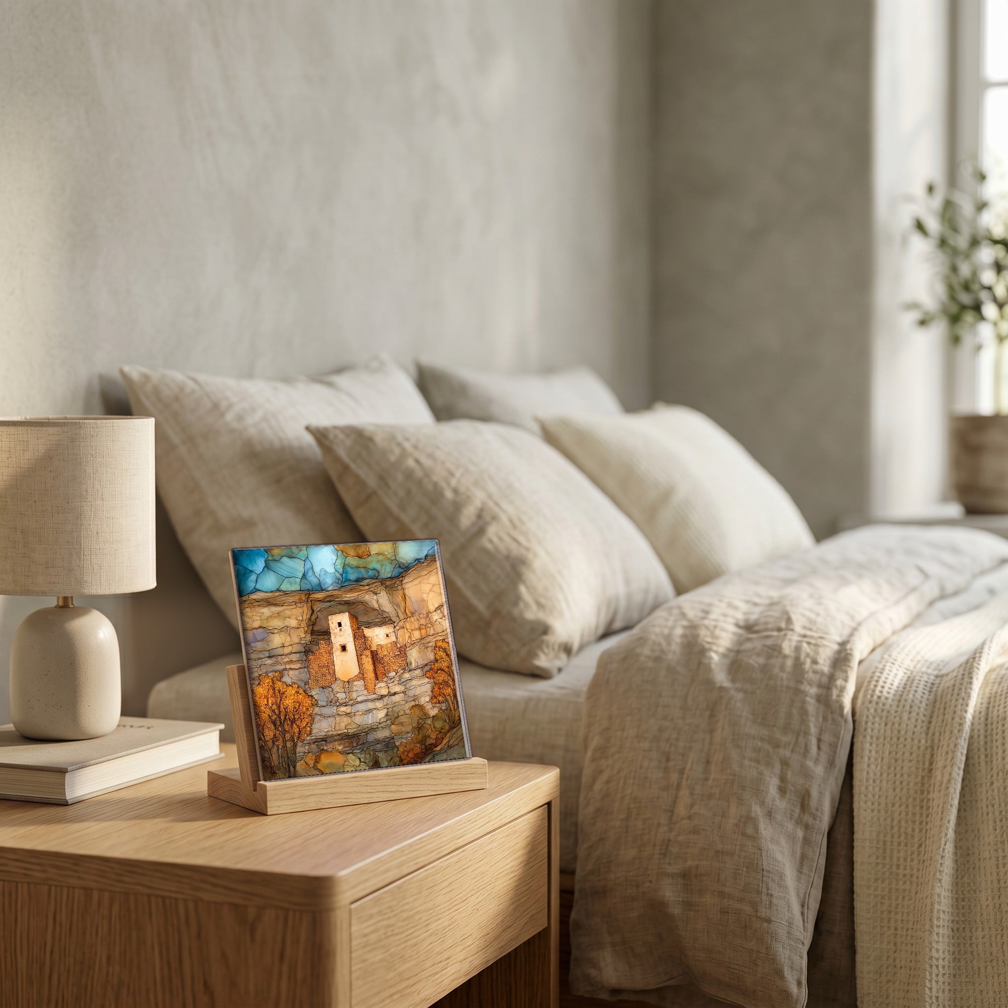 On the nightstand, catching the morning.