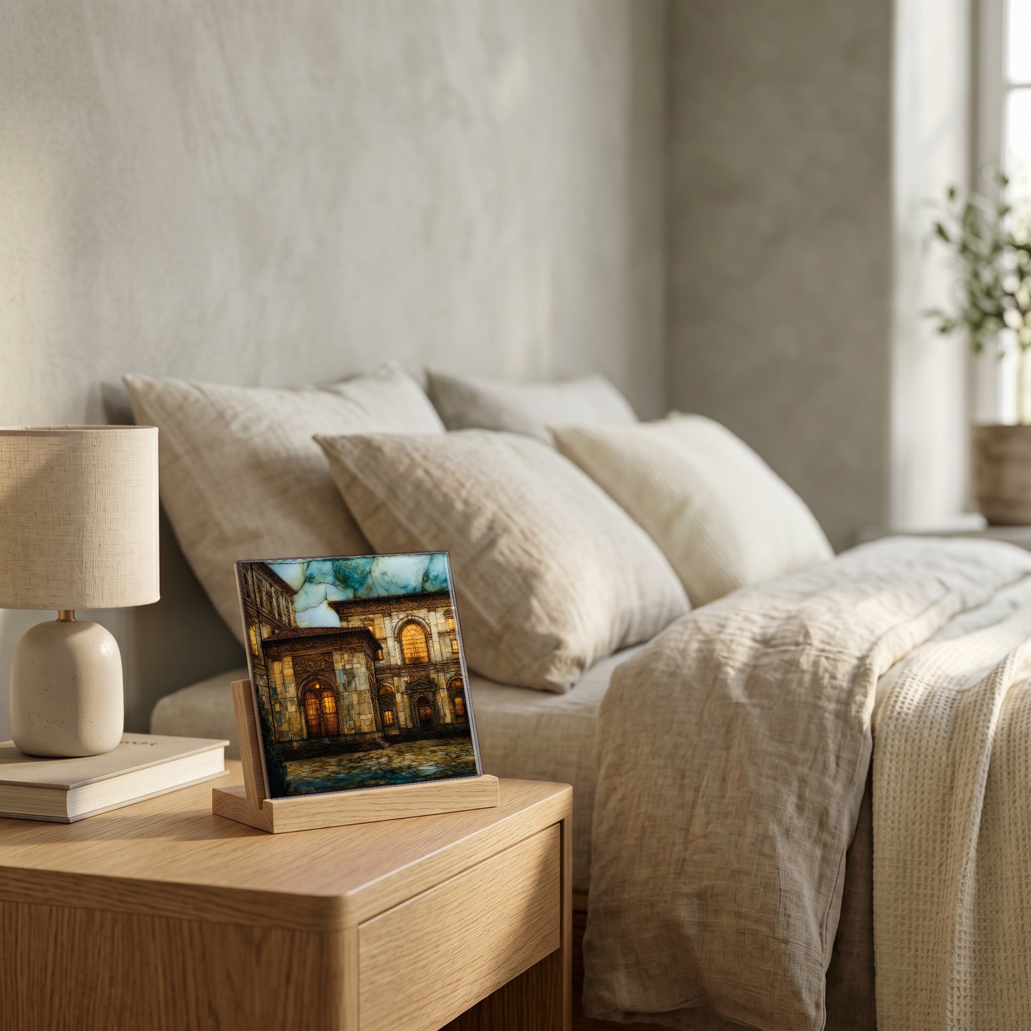 On the nightstand, on a light oak stand.