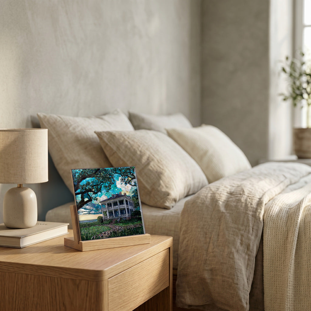 On the nightstand, catching the morning.