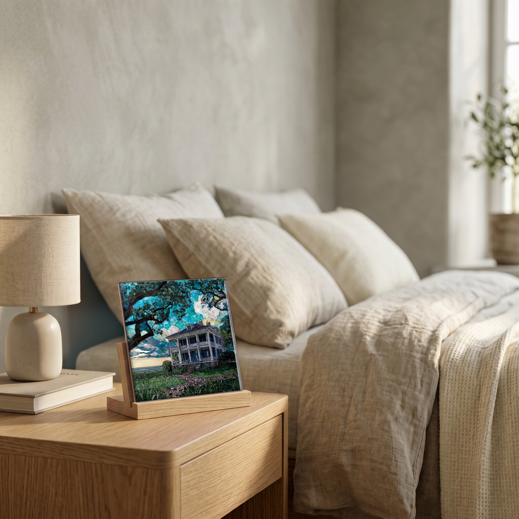 On the nightstand, catching the morning.