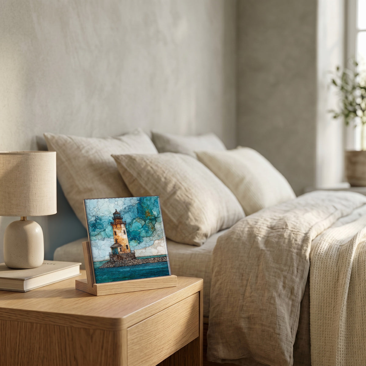On the nightstand, catching the morning.