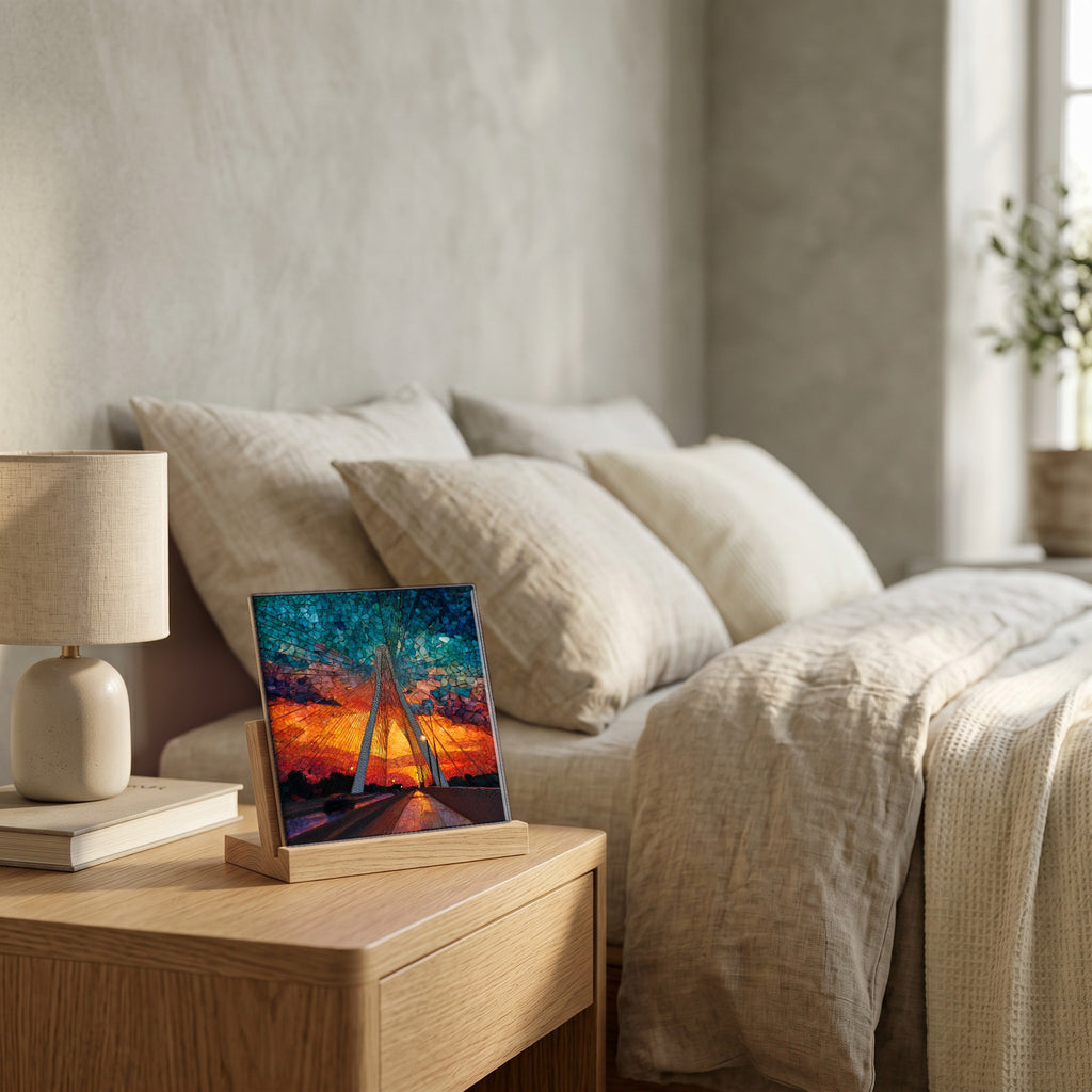 On the nightstand, catching the morning.