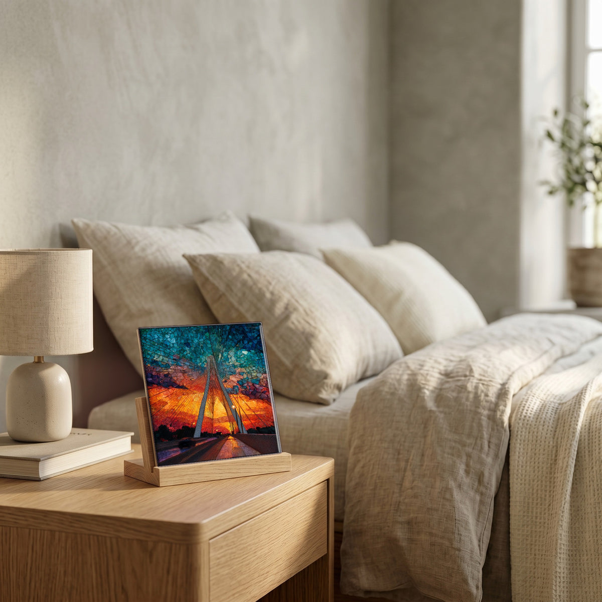 On the nightstand, catching the morning.