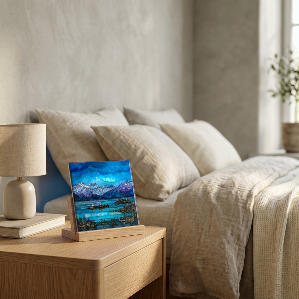 On the nightstand, catching the morning.