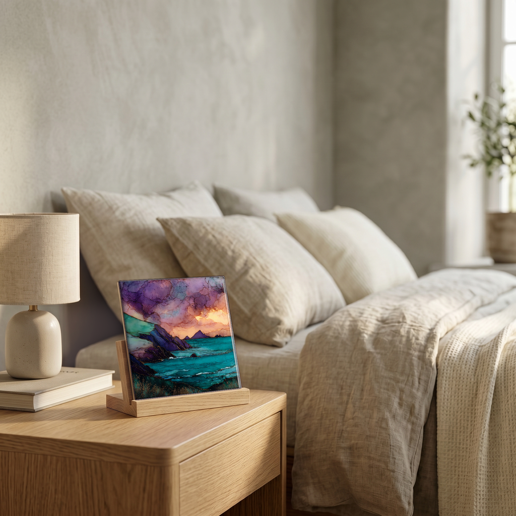 On the nightstand, on a light oak stand.