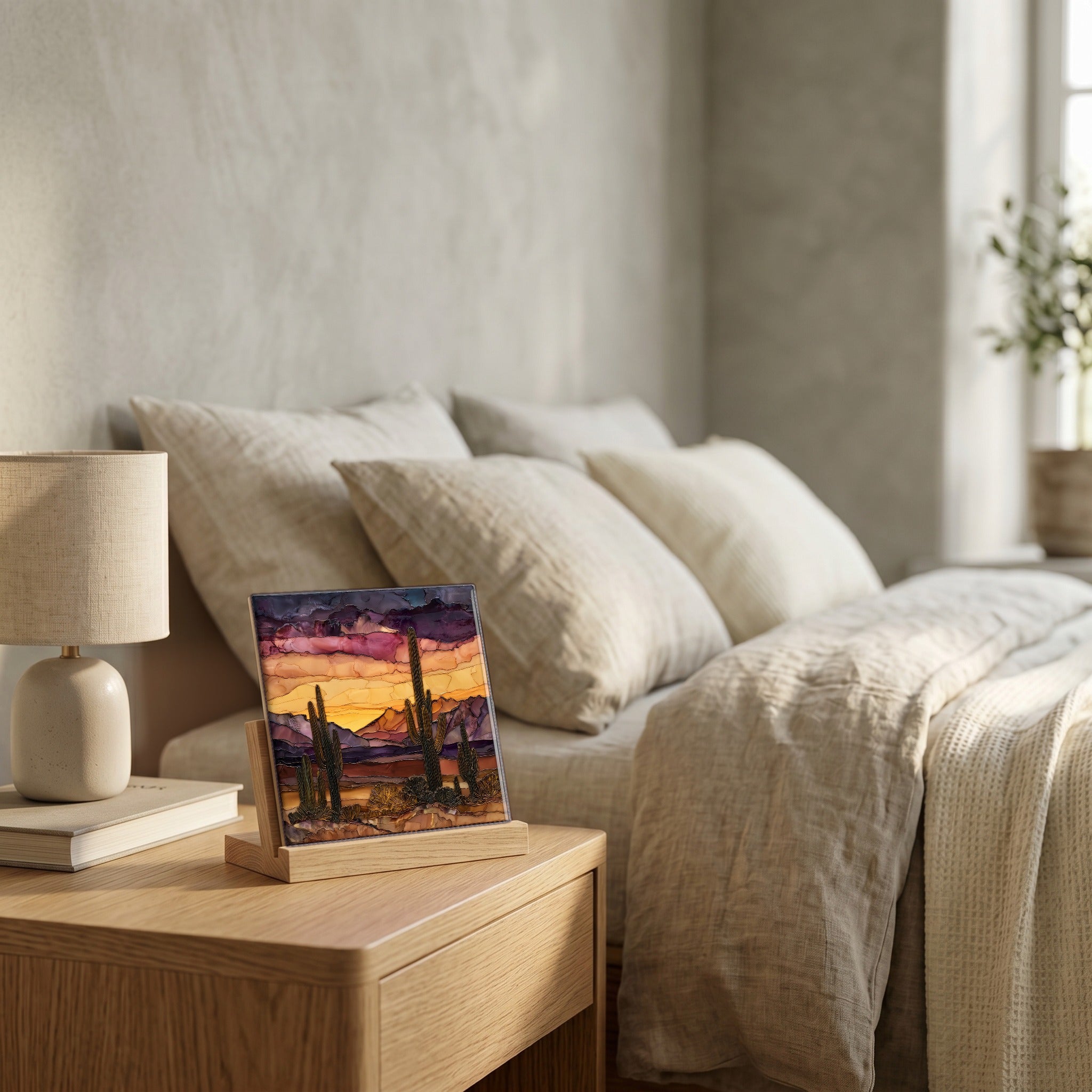 On the nightstand, catching the morning.