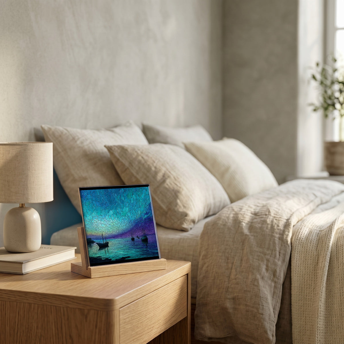 On the nightstand, catching the morning.