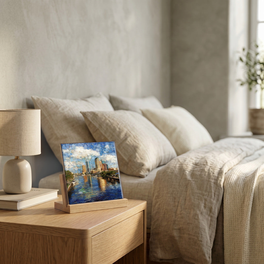 On the nightstand, catching the morning.