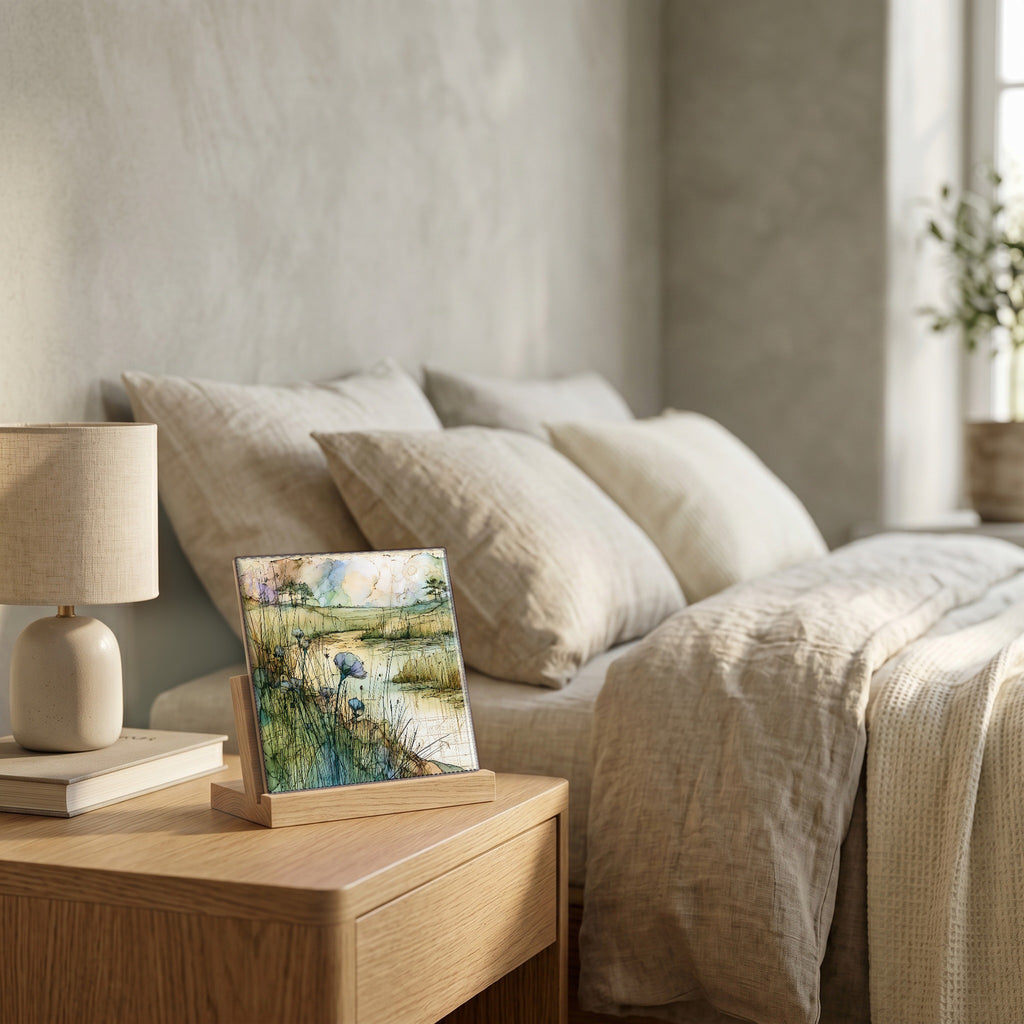 On the nightstand, catching the morning.