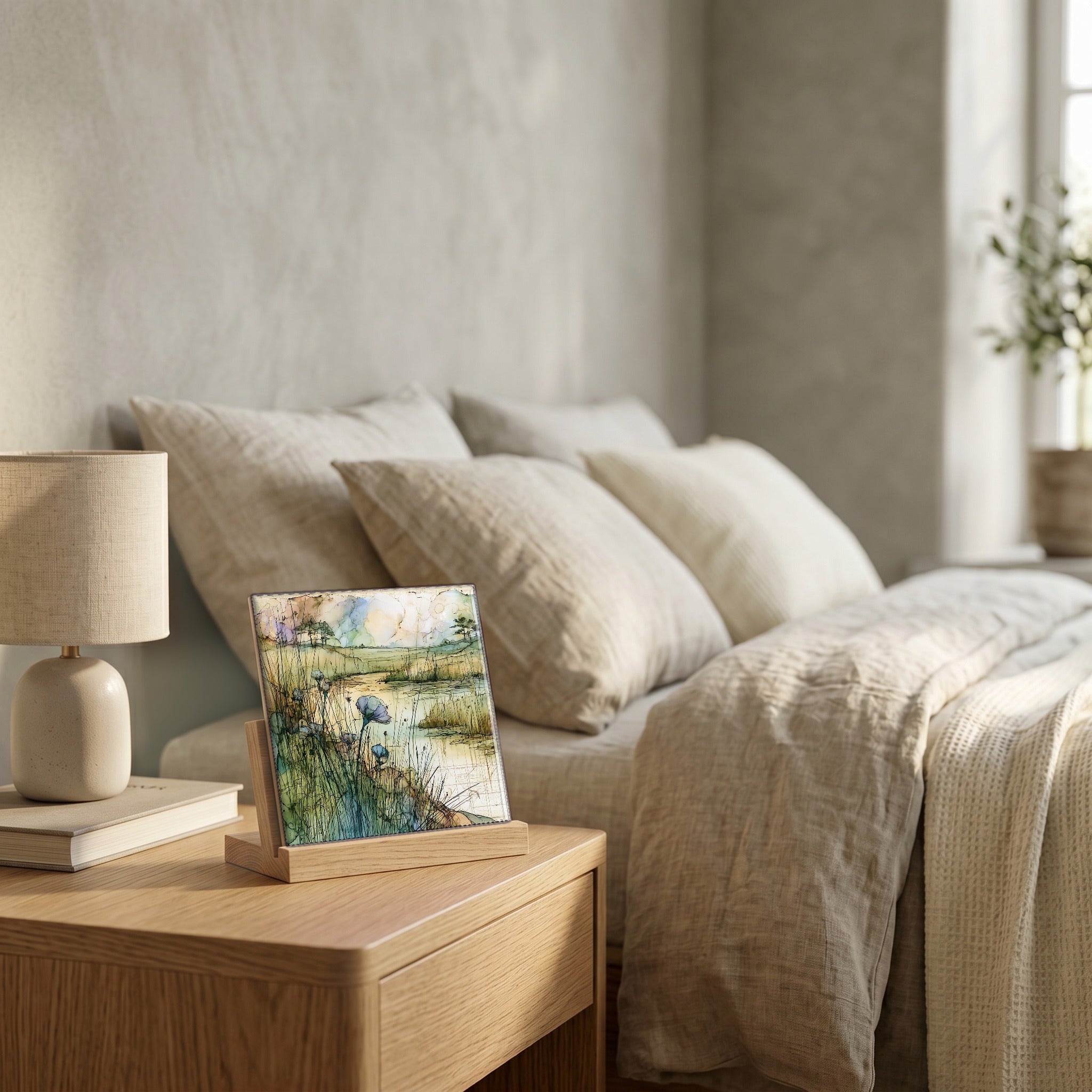 On the nightstand, catching the morning.