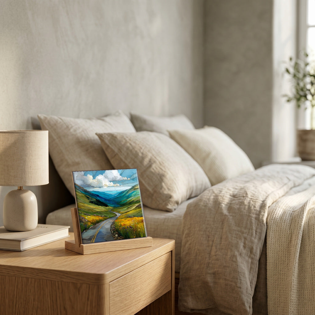 On the nightstand, catching the morning.