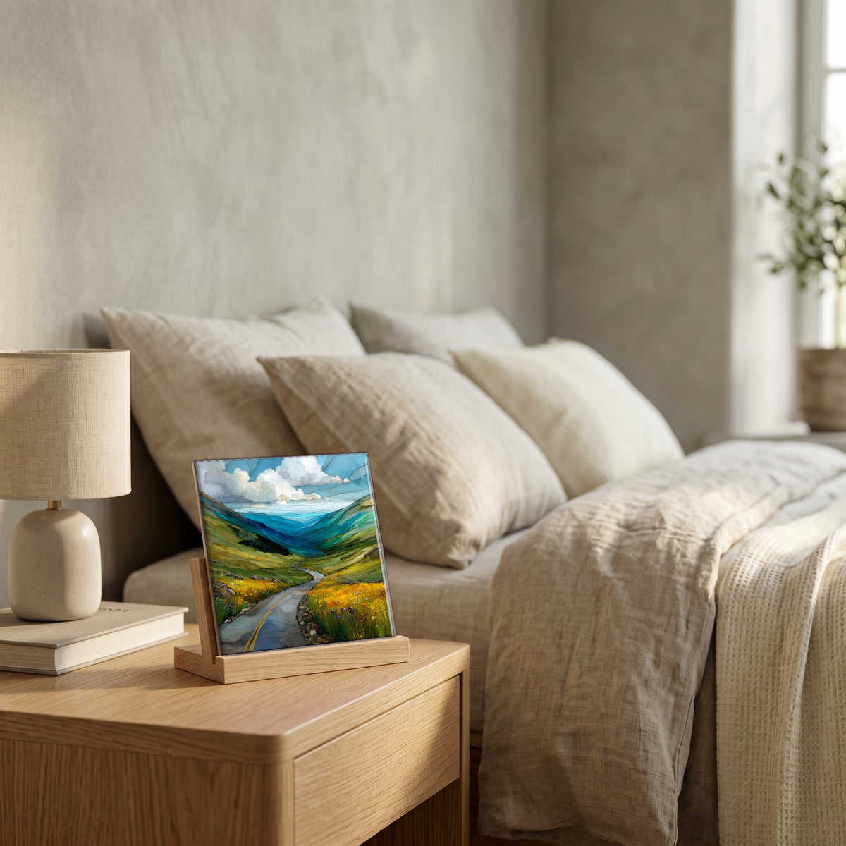 On the nightstand, catching the morning.