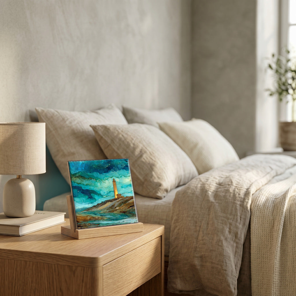 On the nightstand, catching the morning.