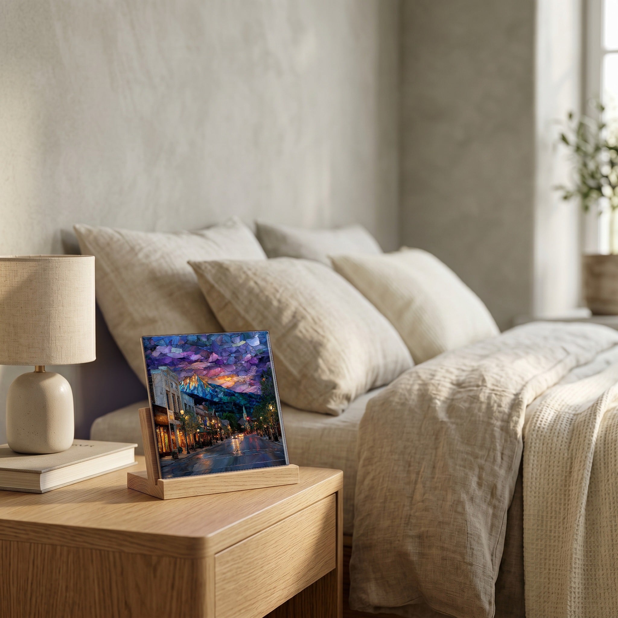 On the nightstand, on a light oak stand.