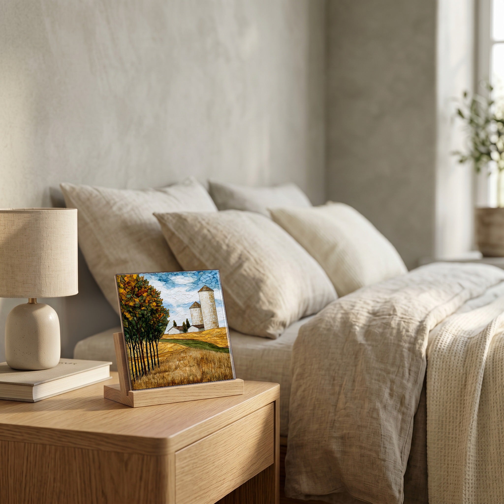 On the nightstand, catching the morning.
