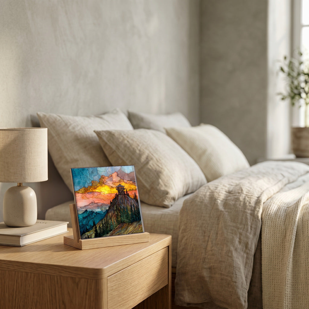 On the nightstand, catching the morning.
