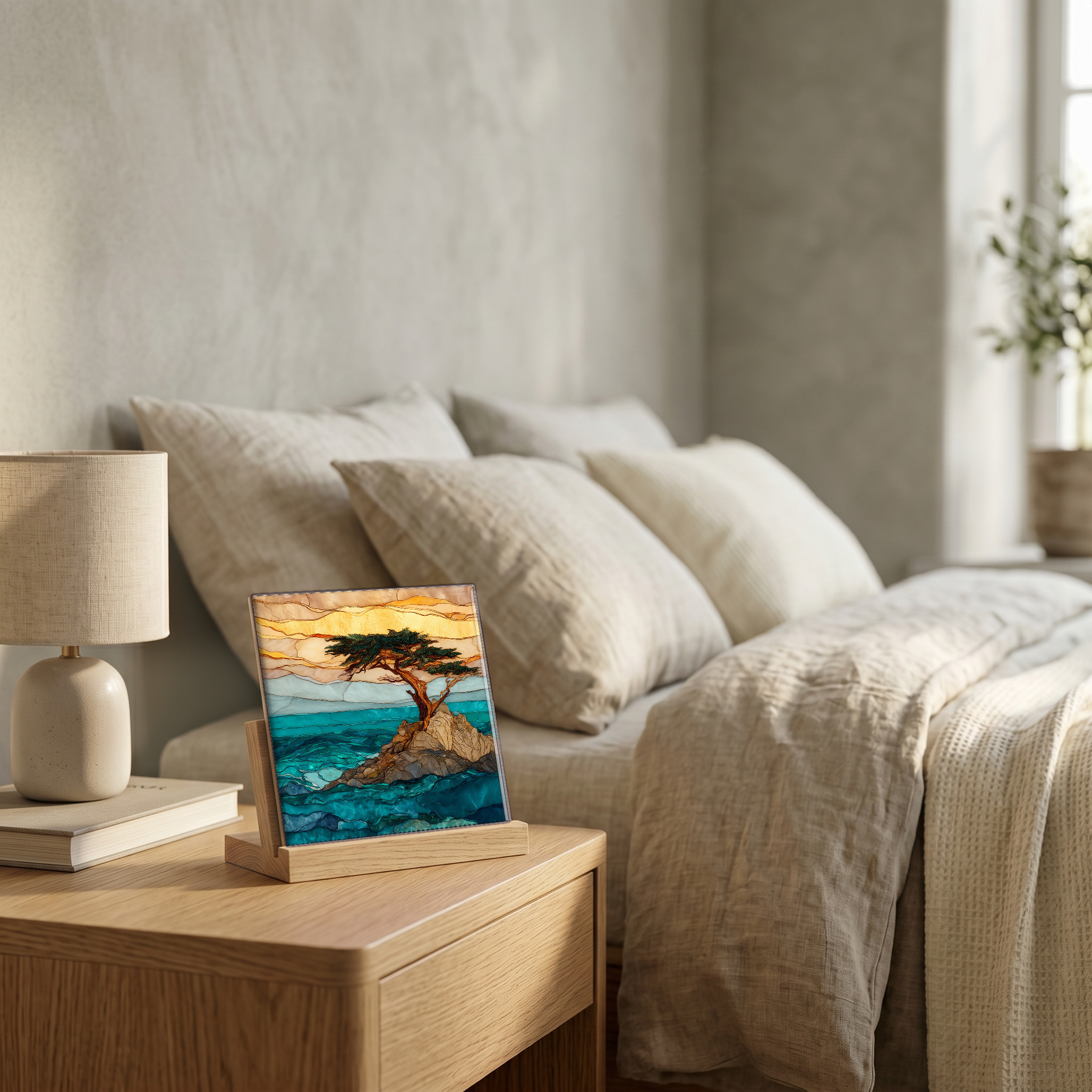 On the nightstand, on a light oak stand.