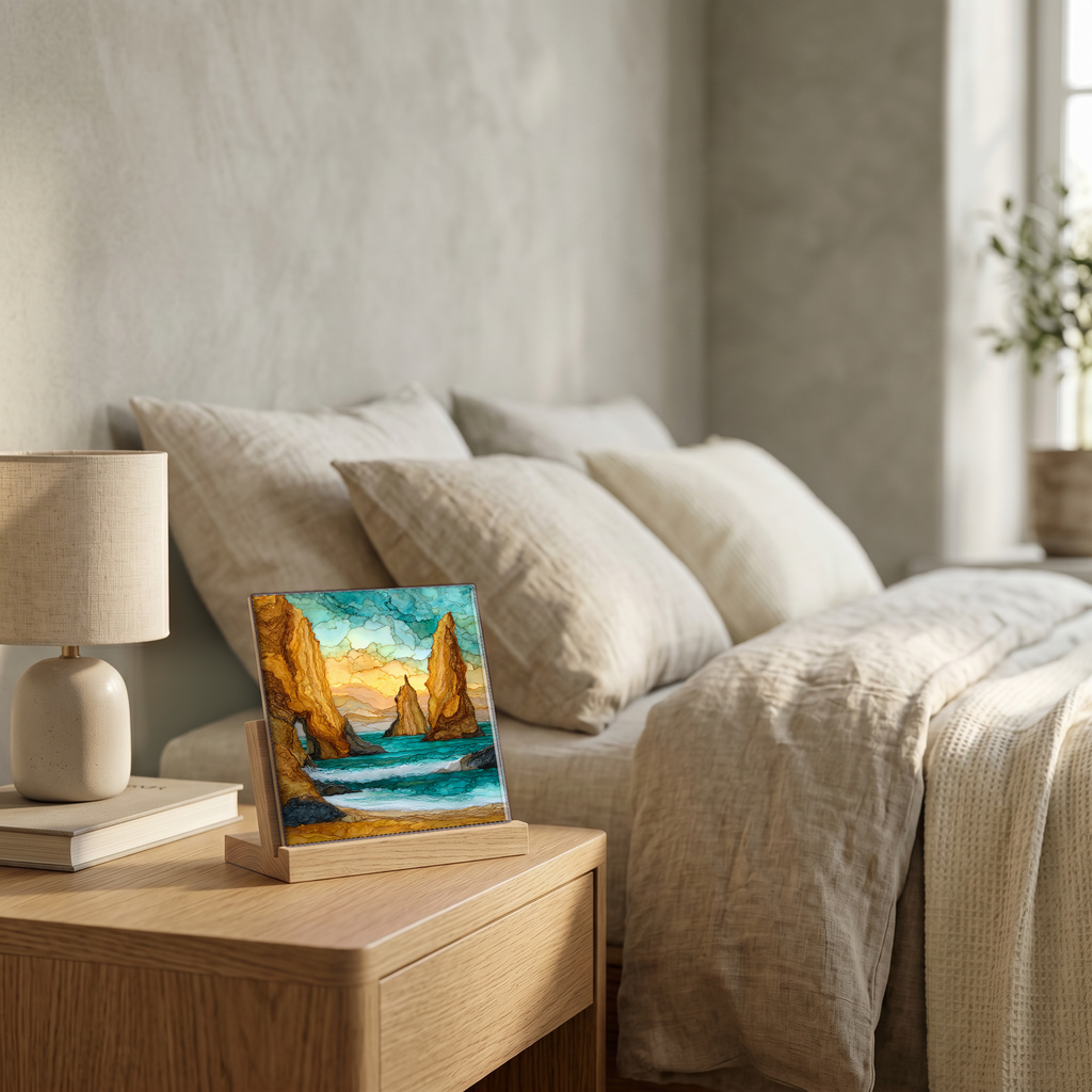 On the nightstand, on a light oak stand.