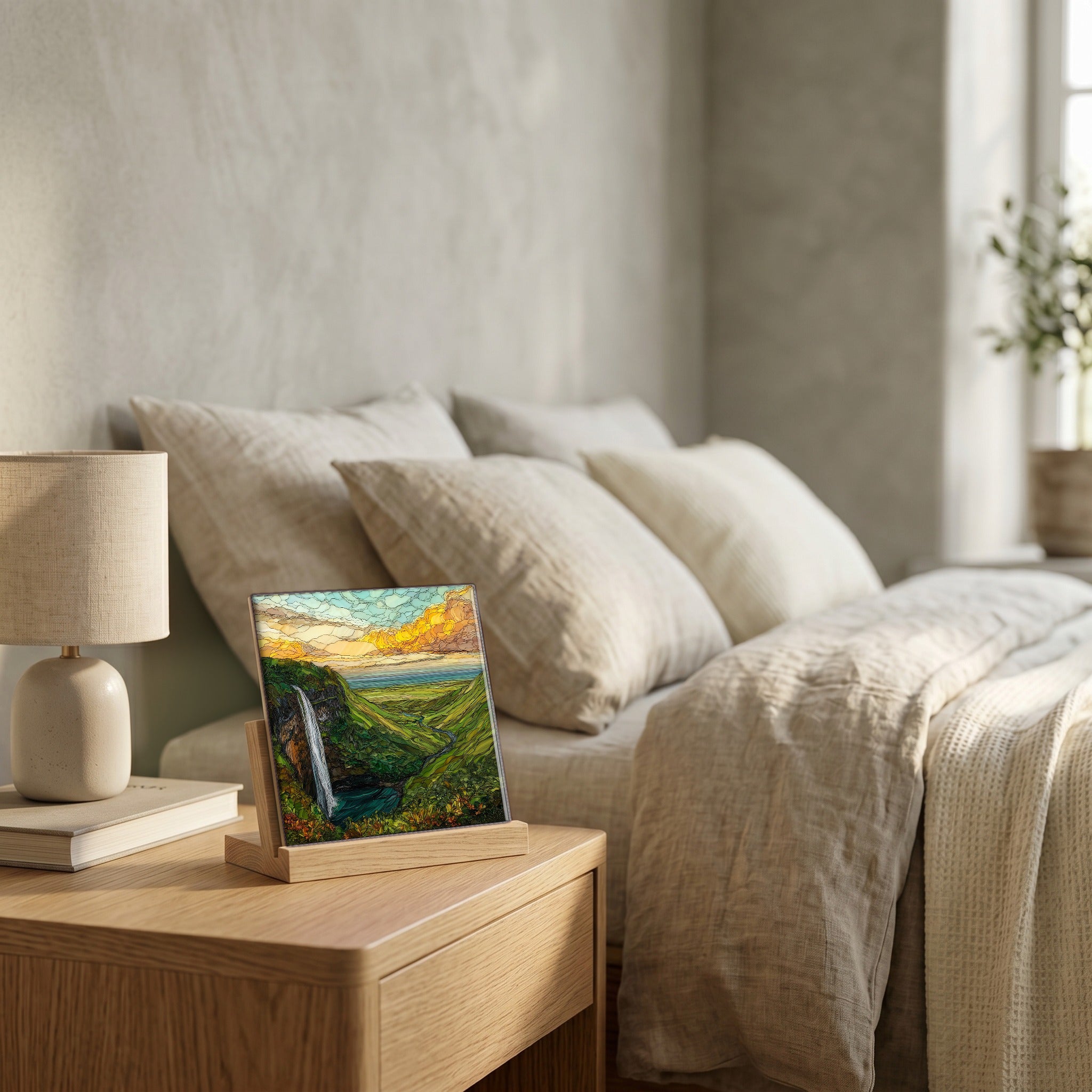 On the nightstand, on a light oak stand.