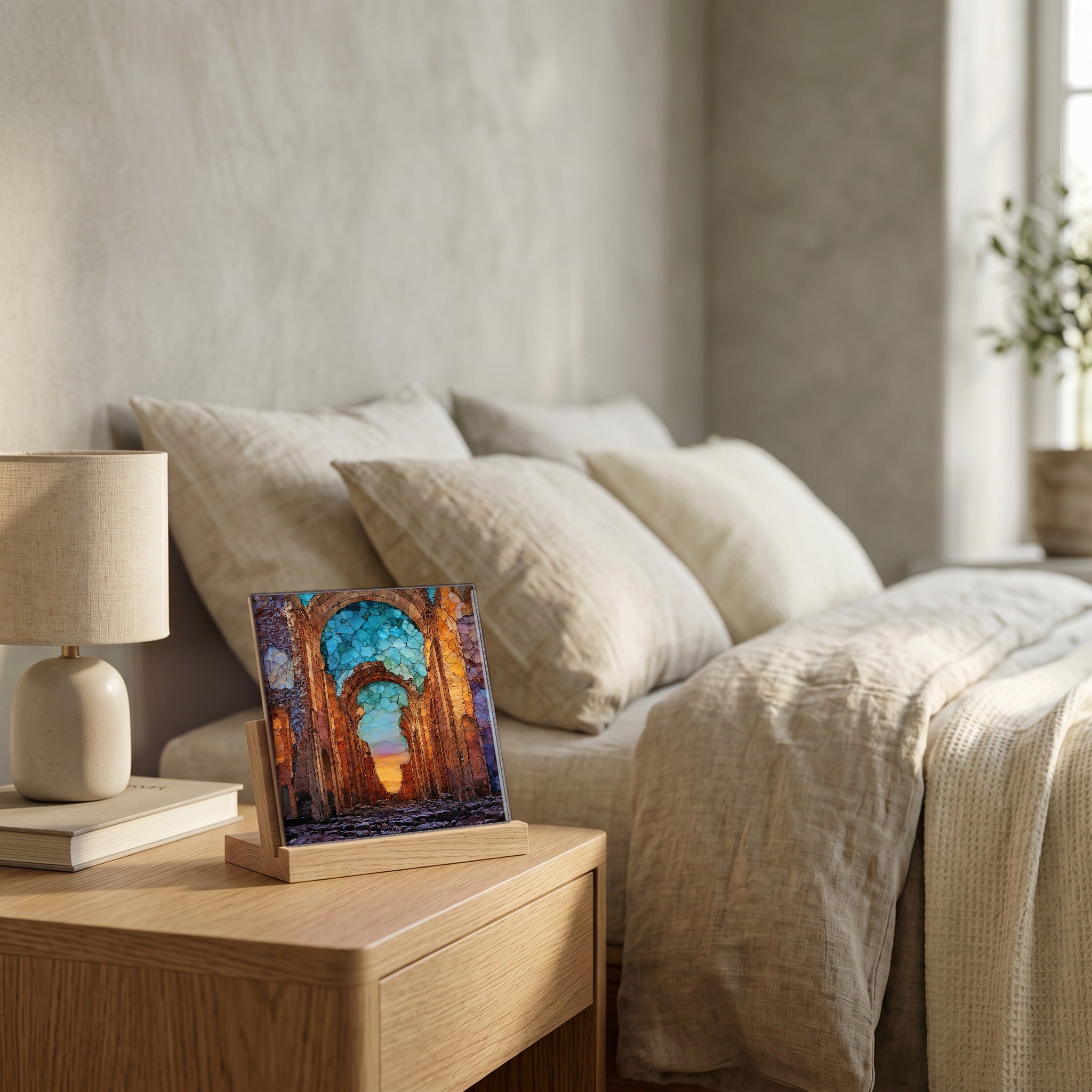 On the nightstand, on a light oak stand.
