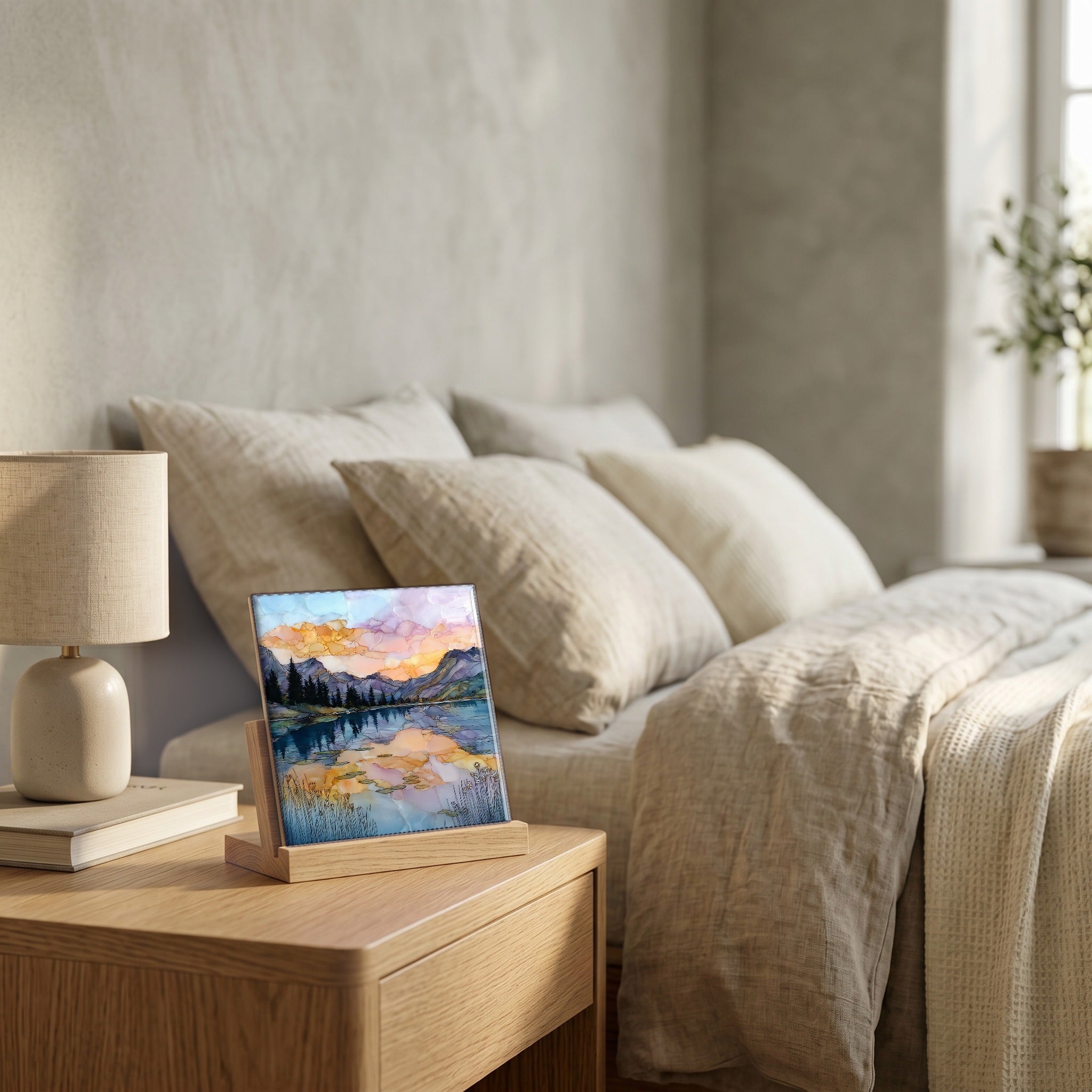 On the nightstand, on a light oak stand.
