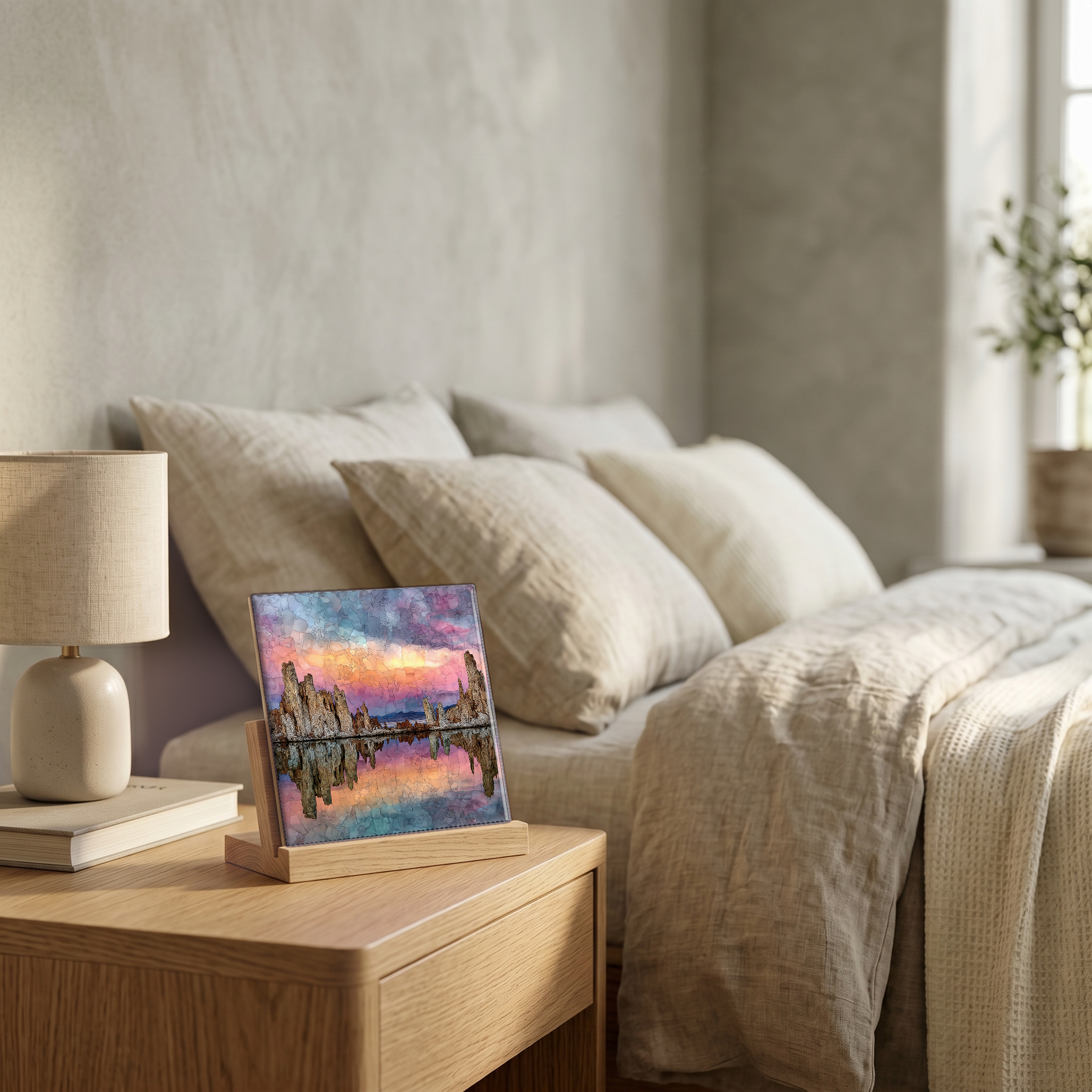 On the nightstand, on a light oak stand.