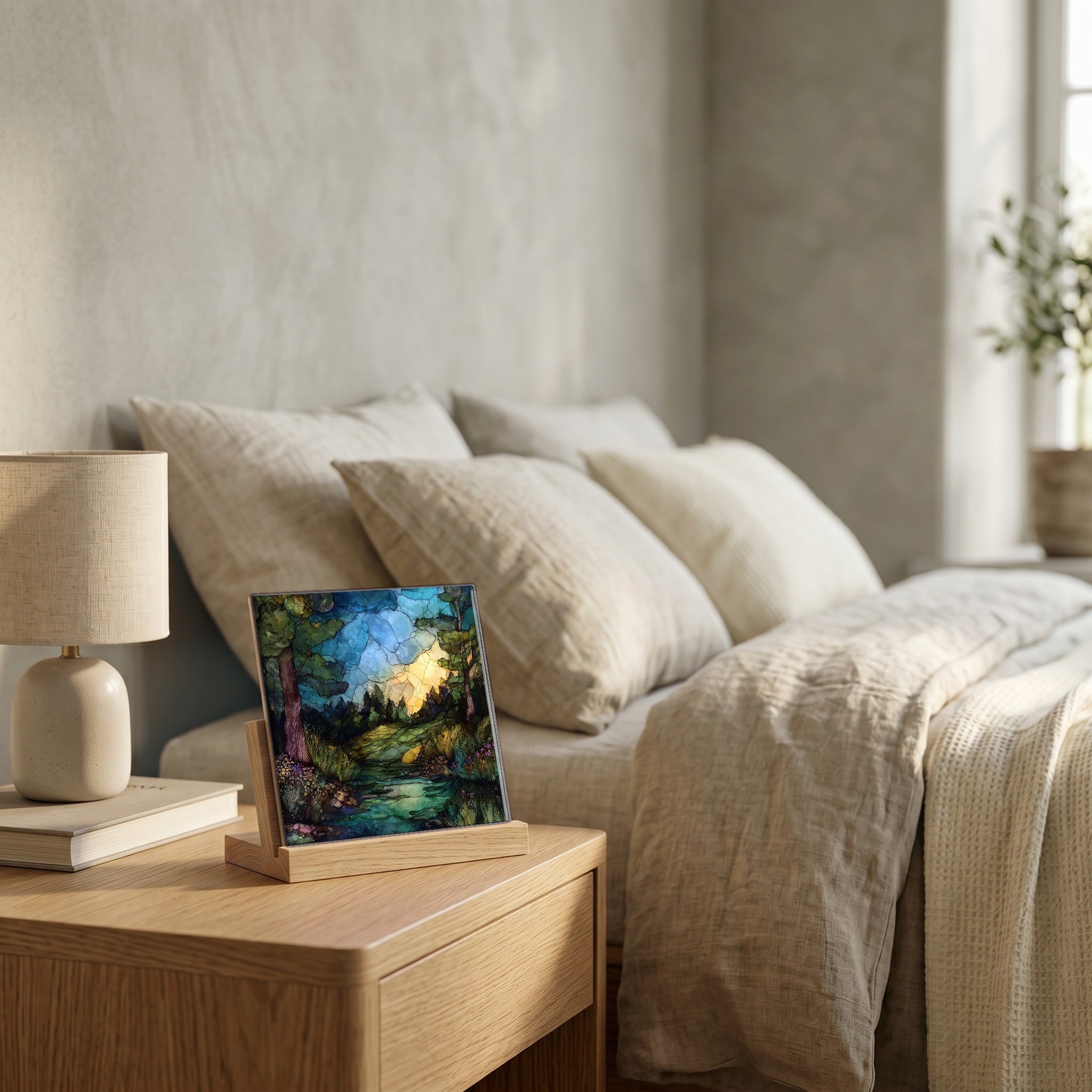 On the nightstand, catching the morning.