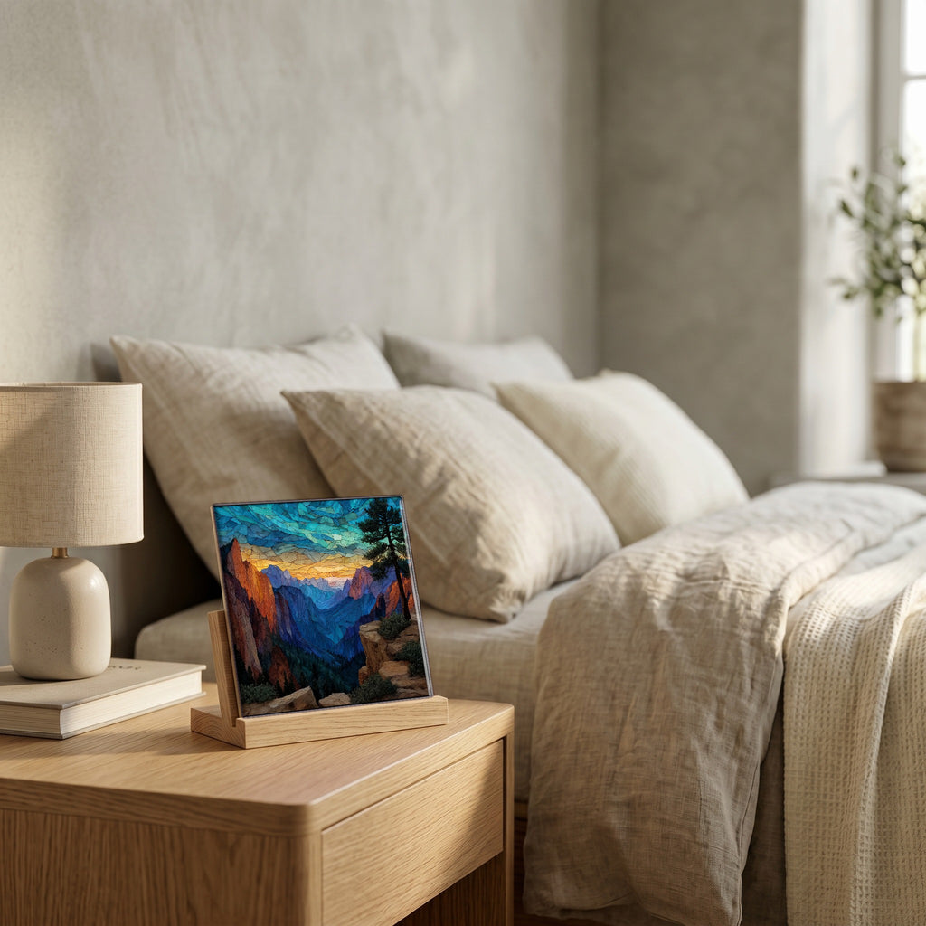 On the nightstand, catching the morning.