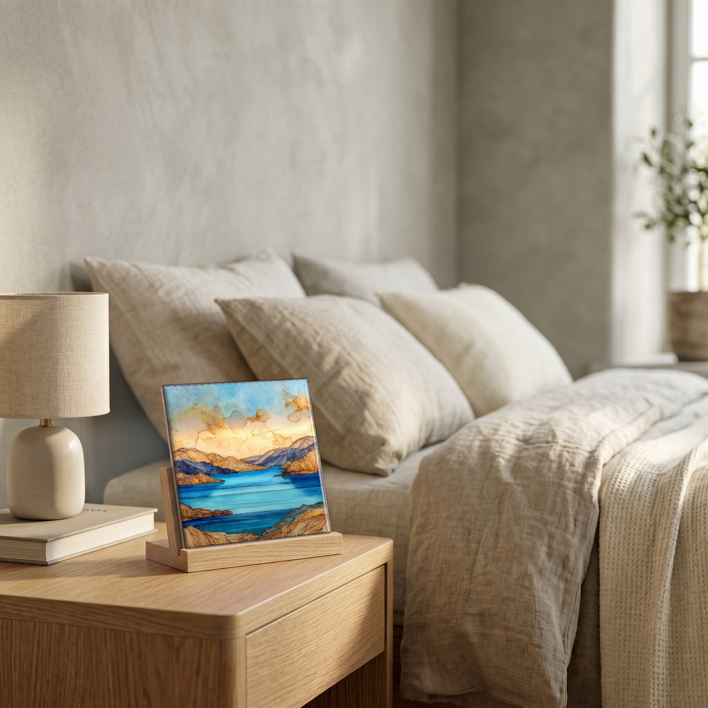 On the nightstand, catching the morning.