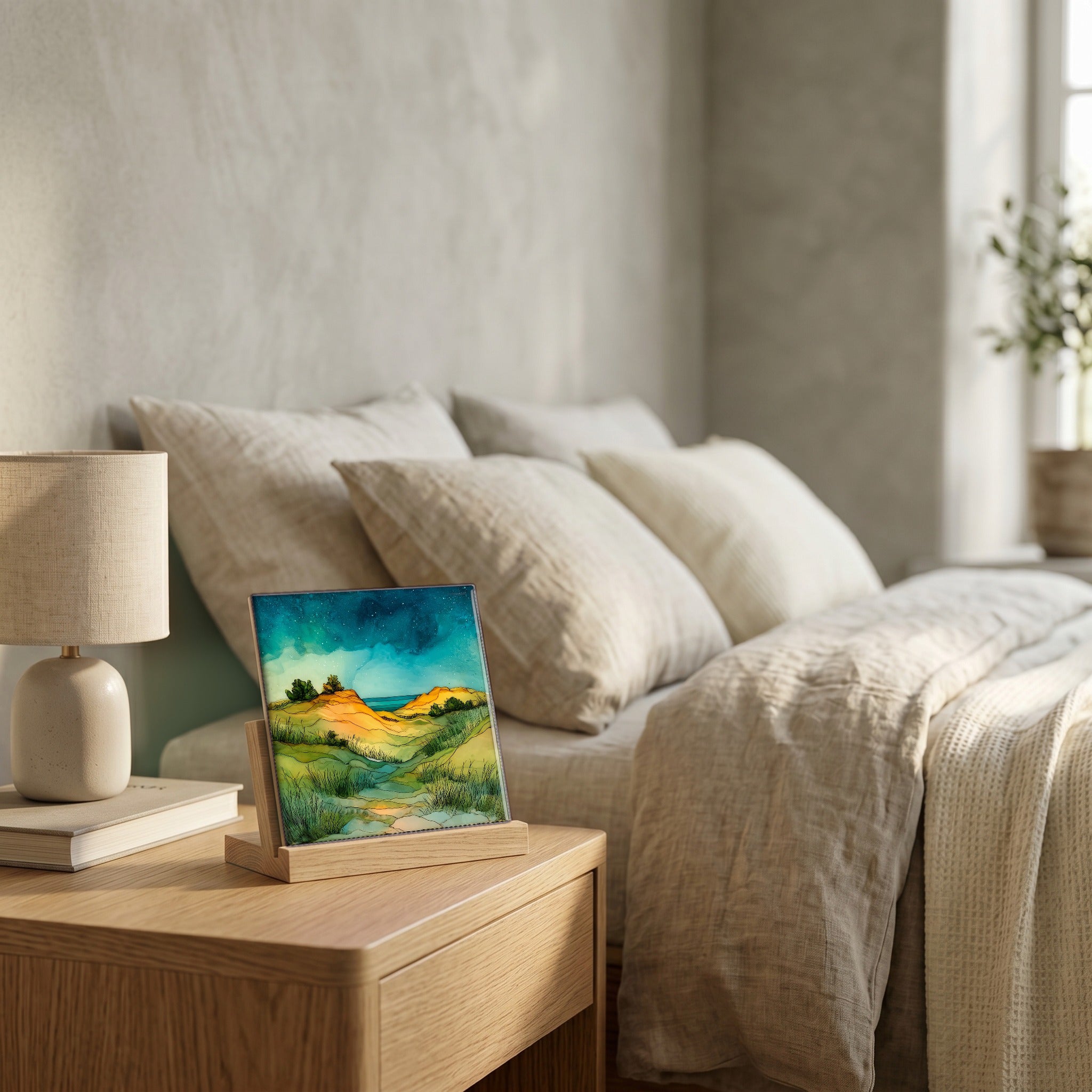 On the nightstand, catching the morning.
