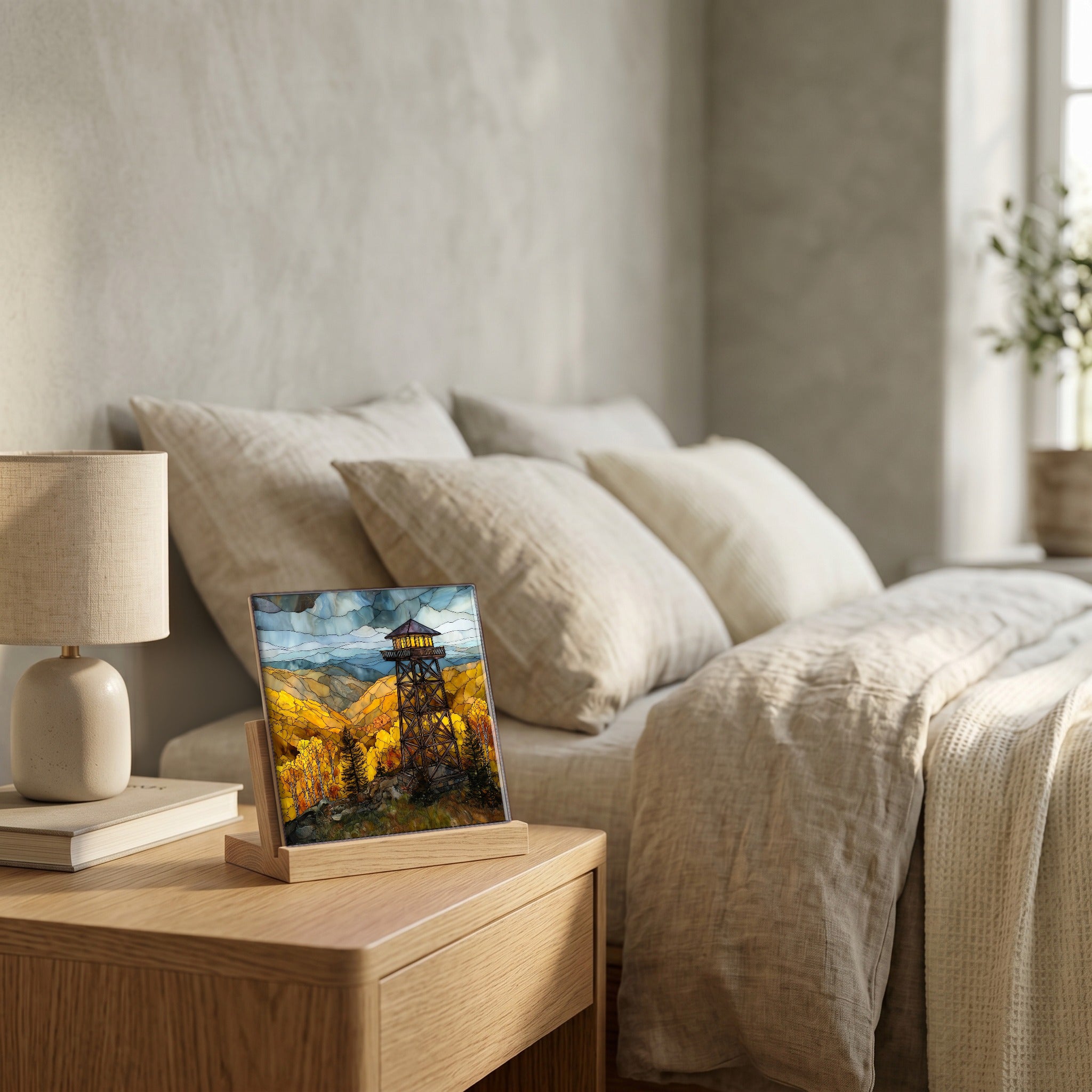 On the nightstand, catching the morning.