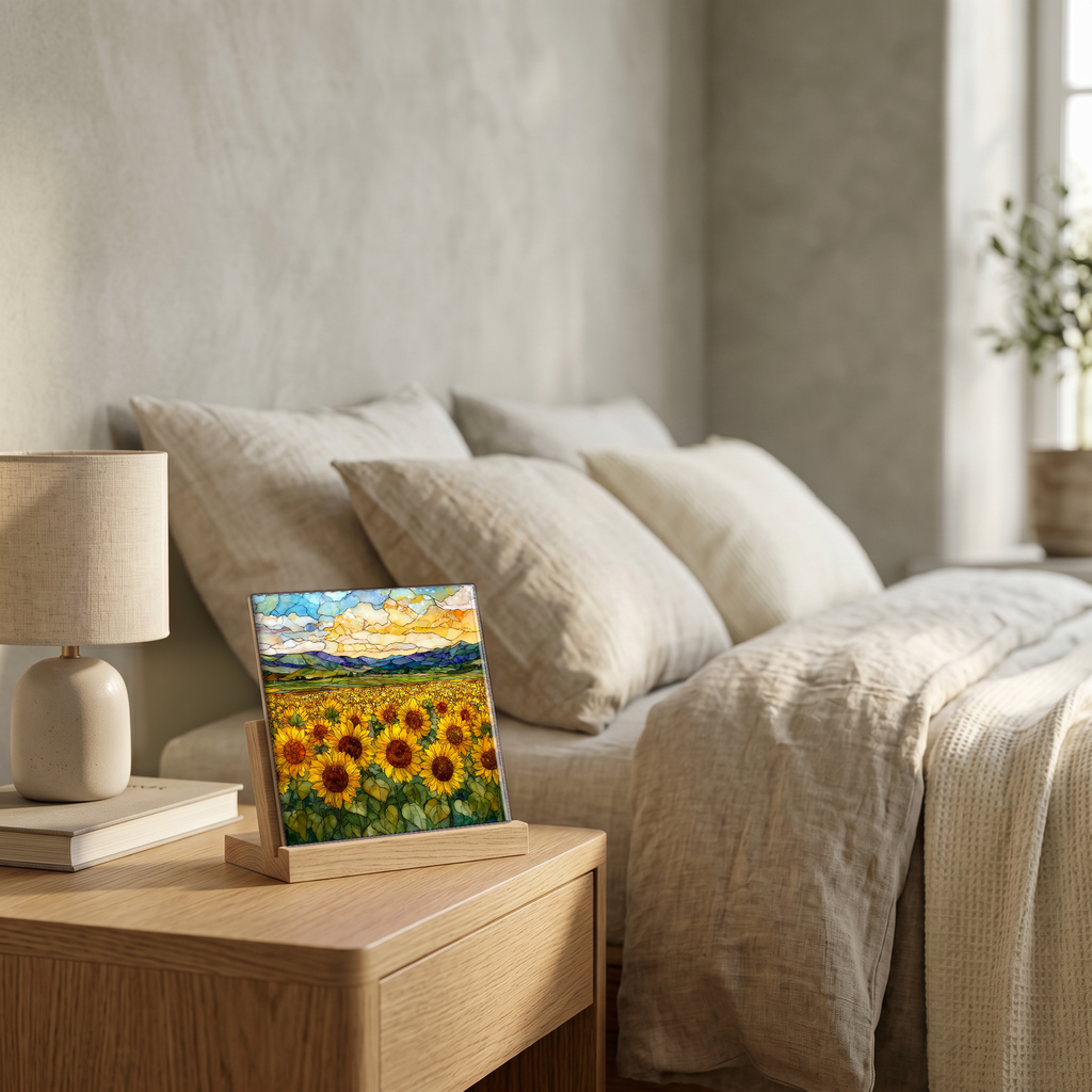 On the nightstand, on a light oak stand.