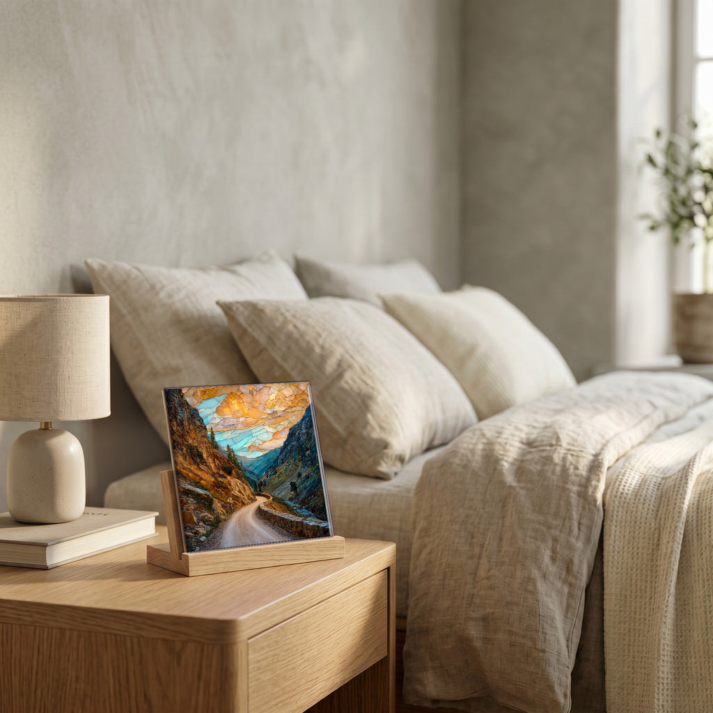 On the nightstand, on a light oak stand.