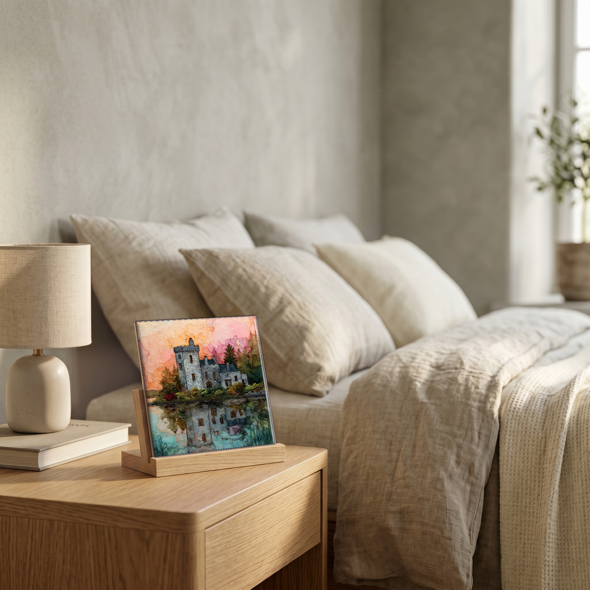 On the nightstand, on a light oak stand.