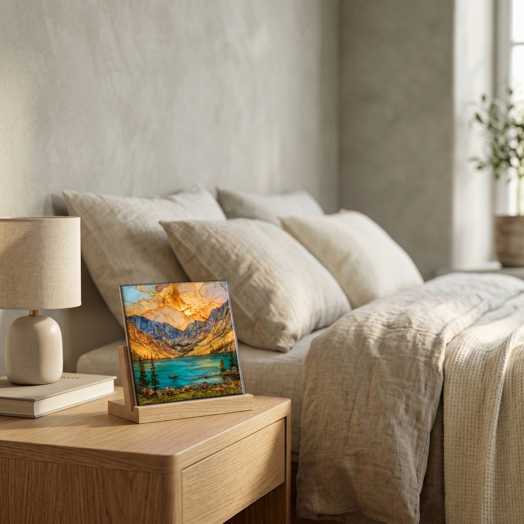 On the nightstand, on a light oak stand.