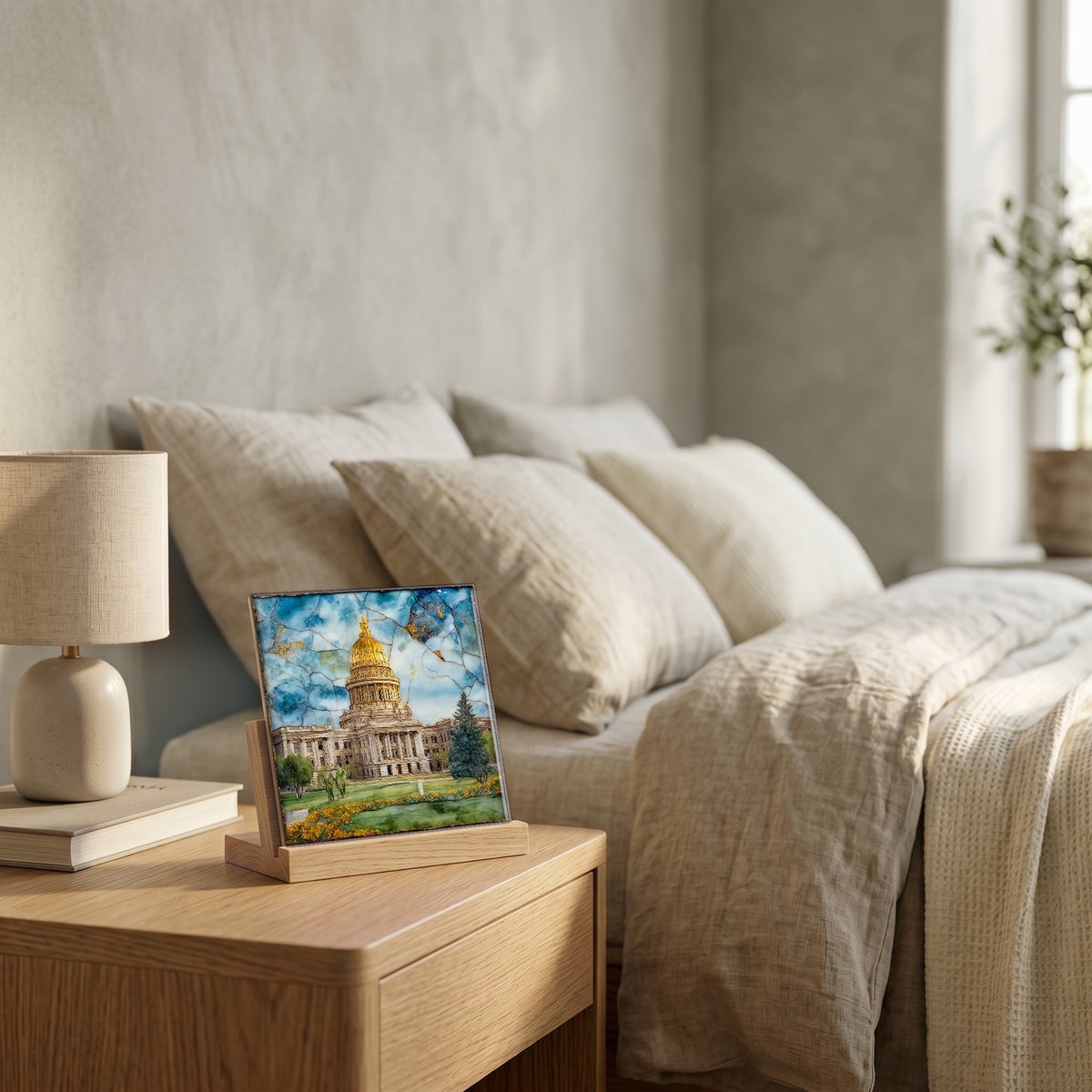 On the nightstand, catching the morning.