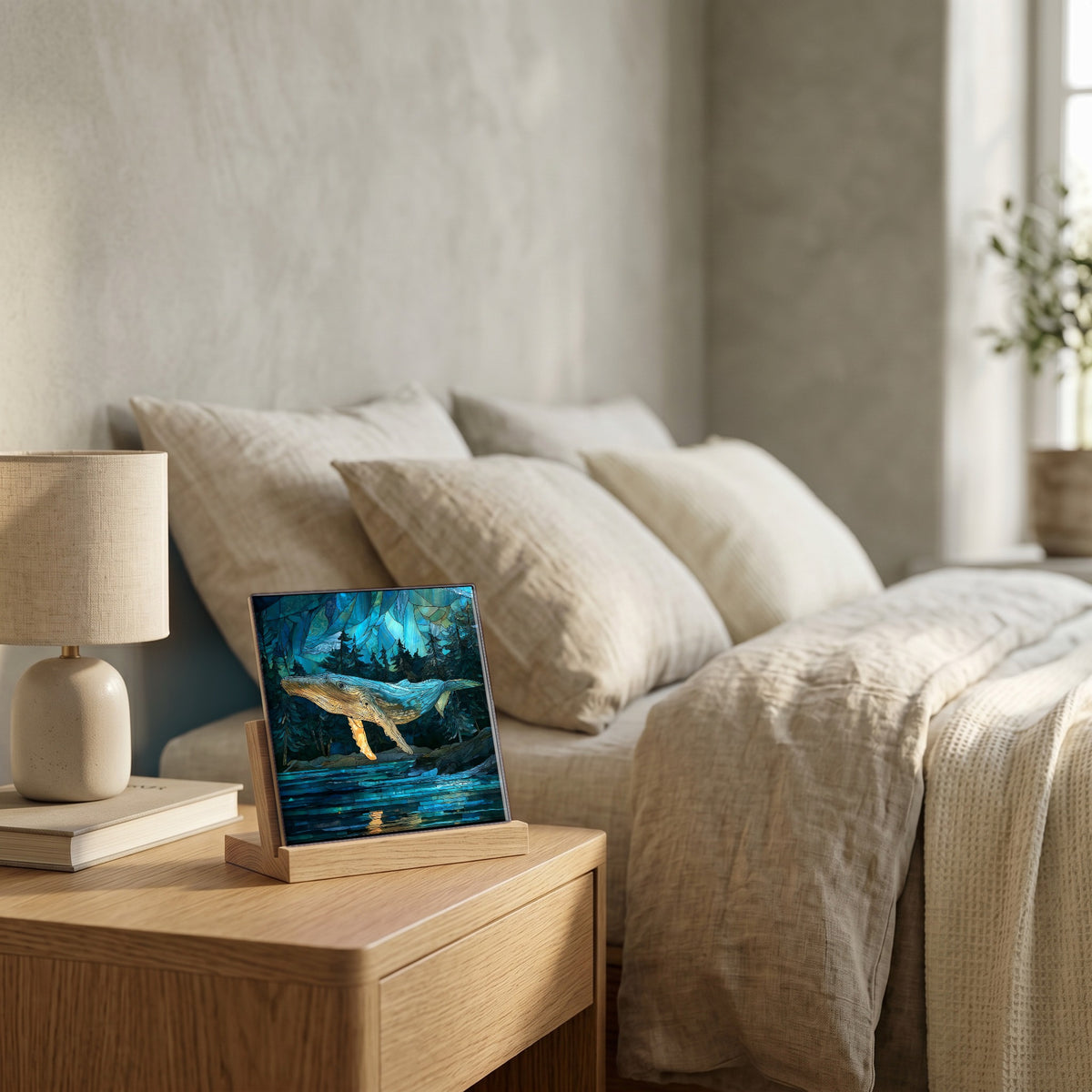On the nightstand, catching the morning.