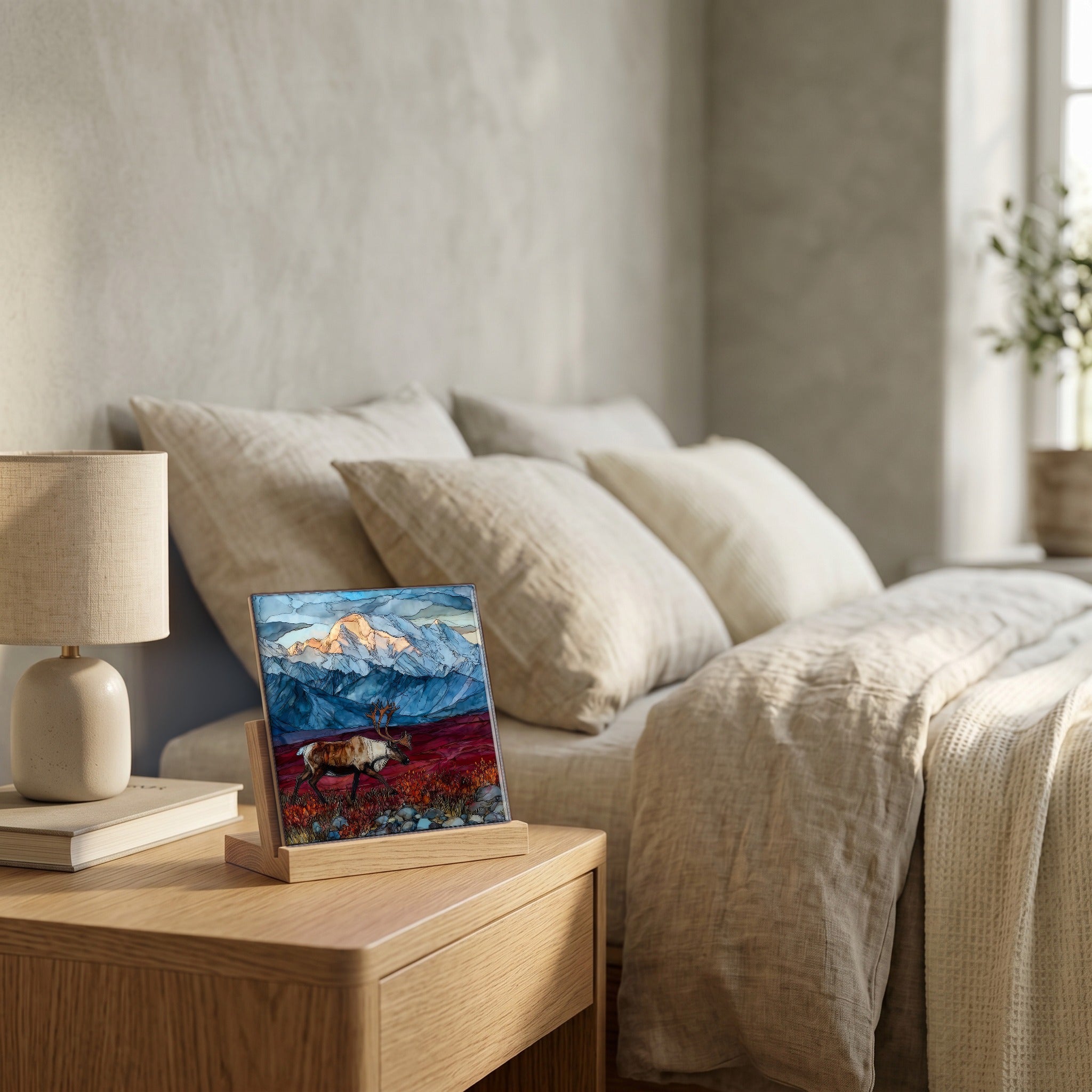 On the nightstand, catching the morning.