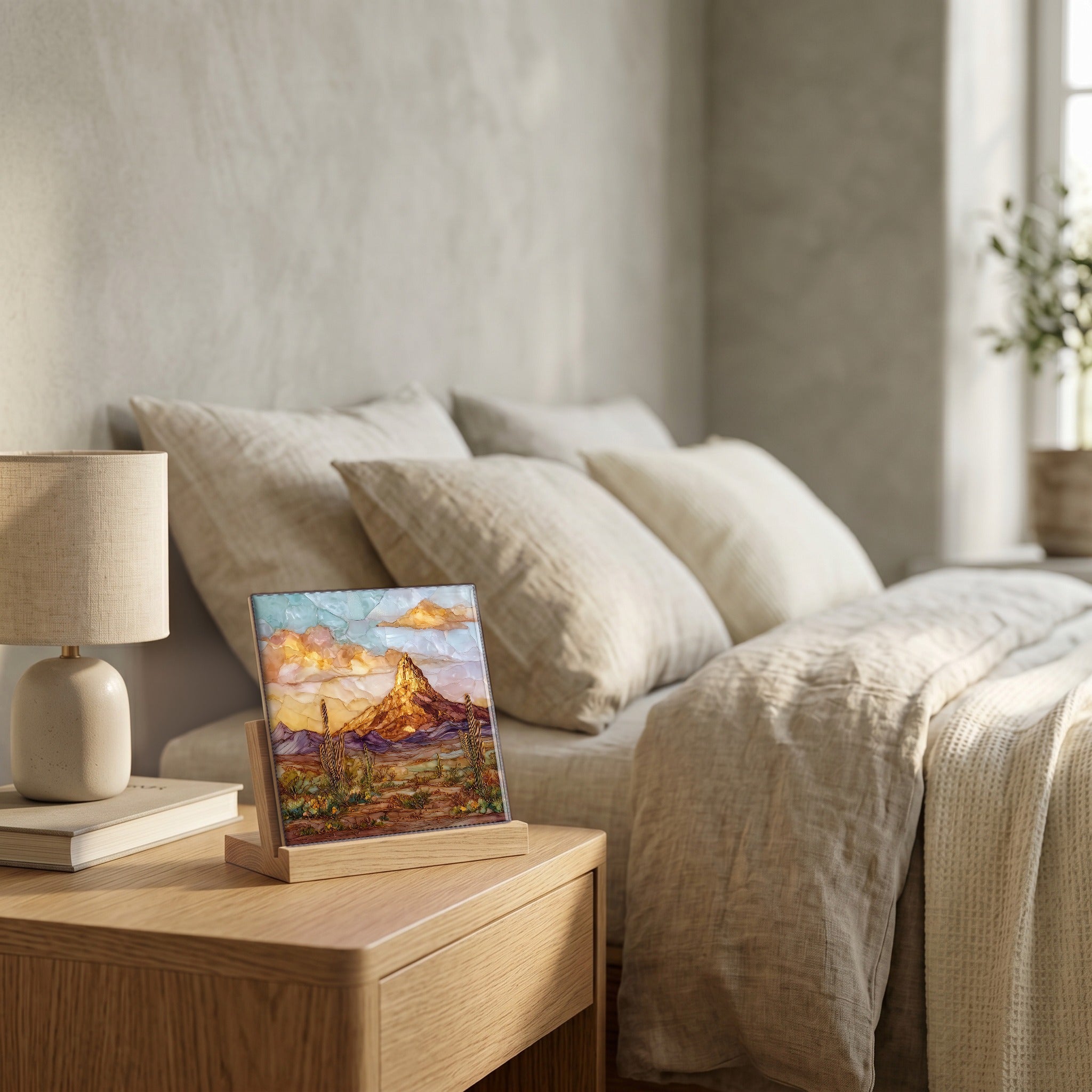 On the nightstand, catching the morning.